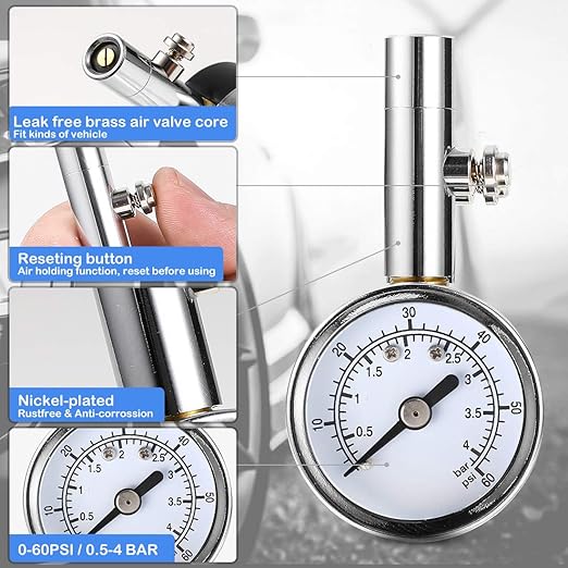 CZC AUTO Heavy Duty Tire Pressure Gauge Reader Checker 0-60PSI, ANSI B40.1 Accurate Mechanical Air Gage, Chrome Plated Single Chuck Dial Wheel Pressure Tester for Motorcycle Bike Car RV Bicycle