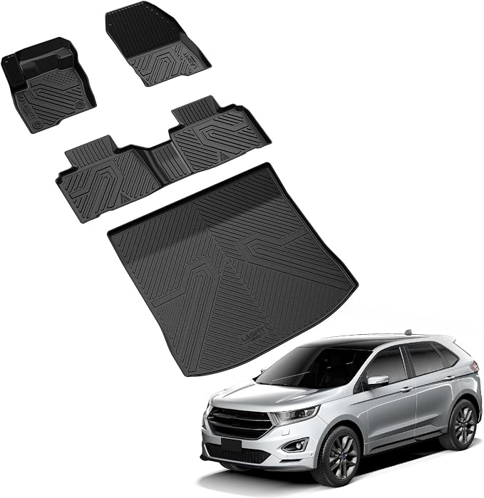 LASFIT Floor Mats and Cargo Liner for Ford Edge 2015-2024 All Weather Protector TPE Car Liners Custom Fit Vehicle Accessories, 1st & 2nd & Trunk Mat Combo Set, 4pcs Black