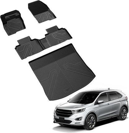 LASFIT Floor Mats and Cargo Liner for Ford Edge 2015-2024 All Weather Protector TPE Car Liners Custom Fit Vehicle Accessories, 1st & 2nd & Trunk Mat Combo Set, 4pcs Black