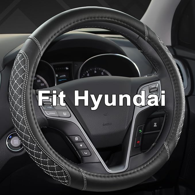West Llama Customized Auto Car Steering Wheel Cover for Hyundai,Tucson,Sonata,Elantra,Santa Fe,Genesis,Sonata Hybrid,Azera,Venue,Kona, 14.5-15 inches(Diamond Quilted-Black+Gray-Standard Size)