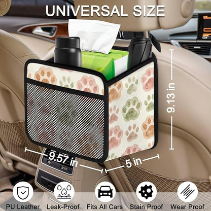Car Backseat Organizer, PU Leather Back of Seat Car Hanging Organizer with Pockets Leakproof Car Garbage Bag Hanging Car Seat Storage Box Travel Accessories Foldable (Dogs Footprints)