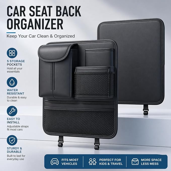 Backseat Car Organizer for Kids and Family Travel, Seat Protector with 5 Storage Pockets, Holds Snacks Drinks Toys, Easy Install for Car SUV Truck, Waterproof Organizer