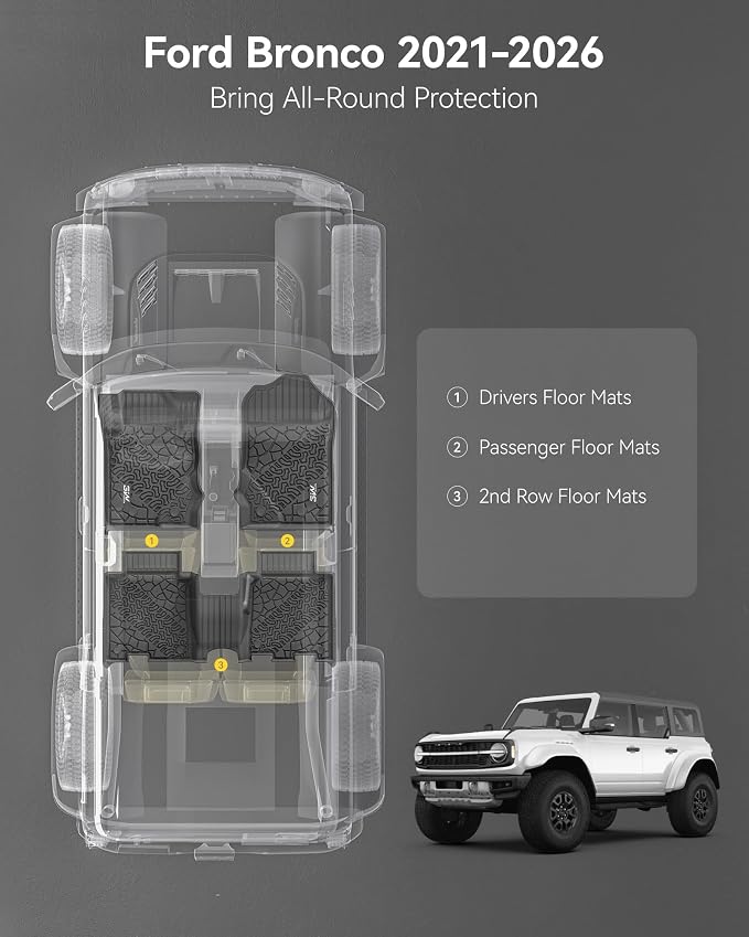 3W Floor Mats Fit for 2021-2025 2026 Ford Bronco 4-Door, All Weather TPE Custom Fit Bronco Floor Liners Car Accessories (Not Fit Sport & Vinyl Floor)