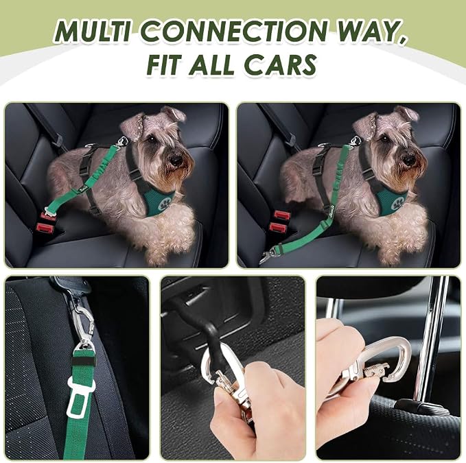 Lukovee Dog Car Harness Seat Belt, Adjustable Mesh Breathable Vest with Elastic Bungee Tether, Soft Padded 2-in-1 Safety Car Harness Seatbelt for Small Medium Large Dogs (Green,M)