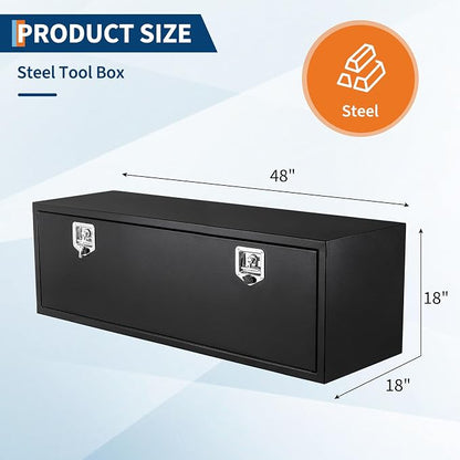 Black Steel Underbody Truck Box, 48"×18"×18" Pickup Storage Box, Heavy Duty Diamond Plate Tool Box with Lock and Keys, Waterproof Trailer Storage Box with T-Handle Latch for Truck, Van, Trailer