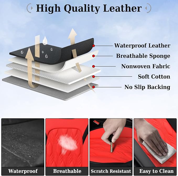 Coverado Car Seat Cover Full Set, Luxury Leather Seat Covers for Front and Rear, Waterproof Seat Covers 5 Seats, Car Seat Protectors Driver Seat Cushions Universal for Most Vehicles, Red