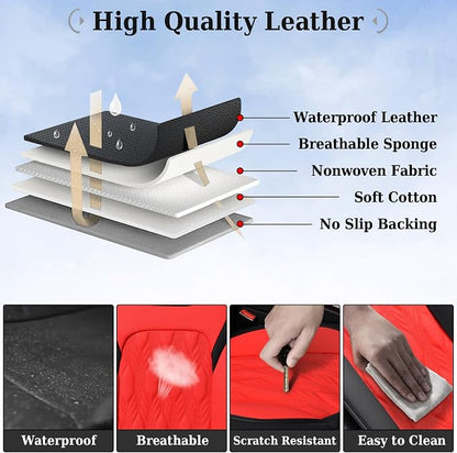 Coverado Car Seat Cover Full Set, Luxury Leather Seat Covers for Front and Rear, Waterproof Seat Covers 5 Seats, Car Seat Protectors Driver Seat Cushions Universal for Most Vehicles, Red