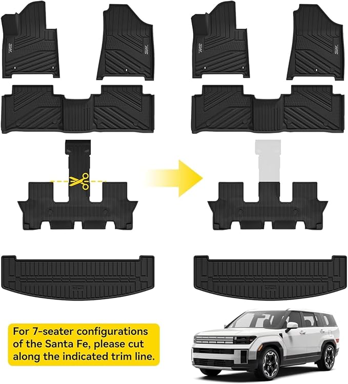3W Floor Mats & Cargo Liner Fit for 2024 2025 2026 Hyundai Santa Fe 6&7 Seats Gas(Not for Hybrid), TPE All Weather Floor Liner for Hyundai Santa Fe Accessories SE/SEL/XRT/Limited/Calligraphy Car Mat