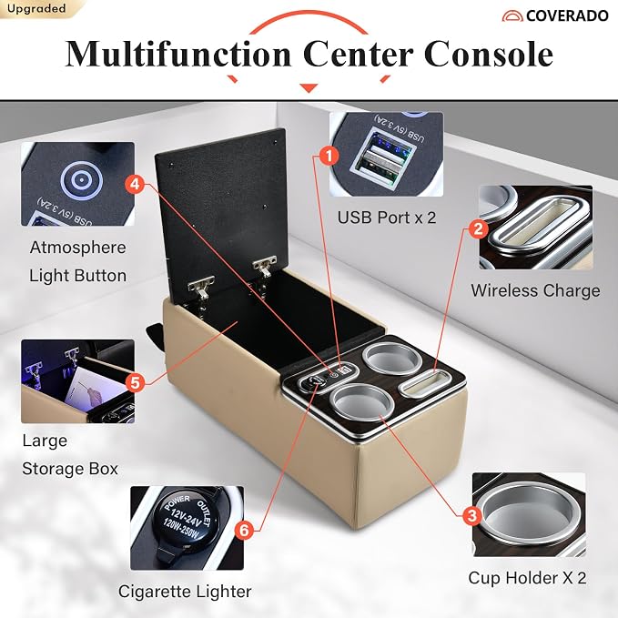 Coverado Car Center Console, Universal Rear Bench Seat Consoles, Back Seat Car Organizer, Seat Organizer with Cup Holder+Phone Holder, Central Armrest Box Back Seat Storage Box (Upgraded, Beige)