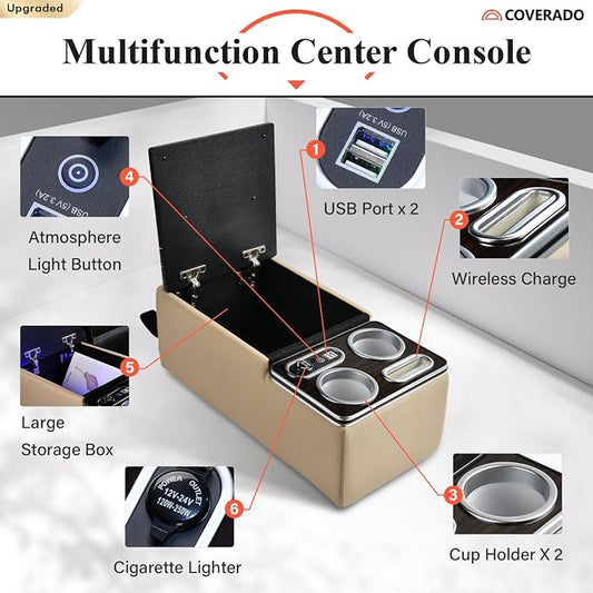 Coverado Car Center Console, Universal Rear Bench Seat Consoles, Back Seat Car Organizer, Seat Organizer with Cup Holder+Phone Holder, Central Armrest Box Back Seat Storage Box (Upgraded, Beige)