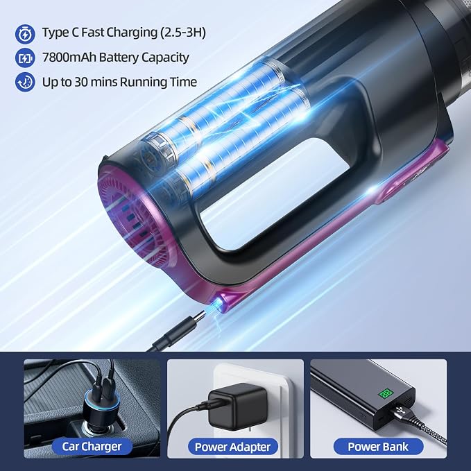 MONOZEL Cordless Handheld Vacuum Cleaner, 18000Pa 2 in 1 Car Vacuum Cleaner&Air Duster, 130W Brushless Motor with 7800mAh Battery, LED Light and Multi-Nozzles, Portable for Car, Home, Office, Pet