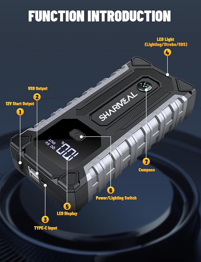 Sharmeal Car Battery Jump Starter 6000A, Car Jumper Starter Battery Pack for Up to All Gas & 10.0L Diesel Engines, 12V Portable Jump Box with 3 Modes Flashlight and Jumper Cable