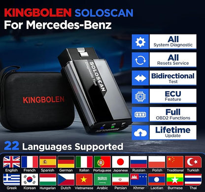 KINGBOLEN SOLOSCAN Bluetooth OBD2 Scanner for Mercedes-Benz MB (A/C/E/S/G/More), Maybach Bidirectional Scan Tool, All System Diagnostic, All Reset Service, Auto VIN, Lifetime Update for iOS & Android
