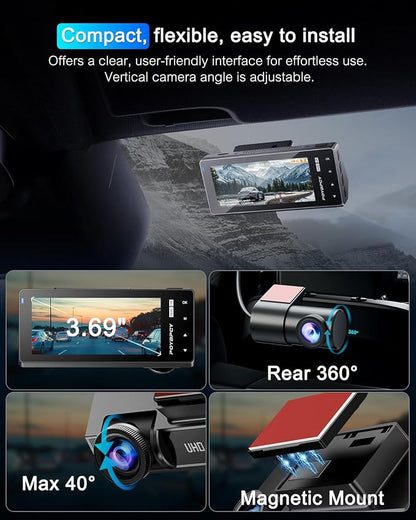 Dash Cam Front and Rear 5GHz WiFi Dashcam with CPL, 4K+1080P Dual Dash Camera for Cars, 3.69" IPS Screen Dashcam with 64GB SD Card, App Control, 24H Parking Mode, Super Night Vision, Loop Recording