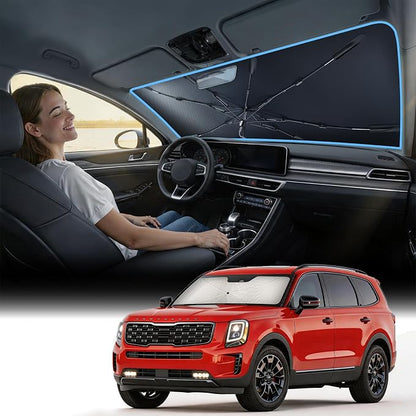 Nmoiss [Vinyl Coating Heat Shield] Windshield Sun Shade Umbrella Custom for Kia Telluride, Protect Car from Sun Rays & Heat Damage Keep Cool and Protect Interior