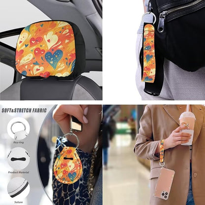 Colorful Heart Auto Seat Protector Cover 13 Set, Gradient Fluid Art Cup Holder Seat Belt Pads, Valentine's Day Lover Heart Keychain for Men Women Auto Truck Van SUV