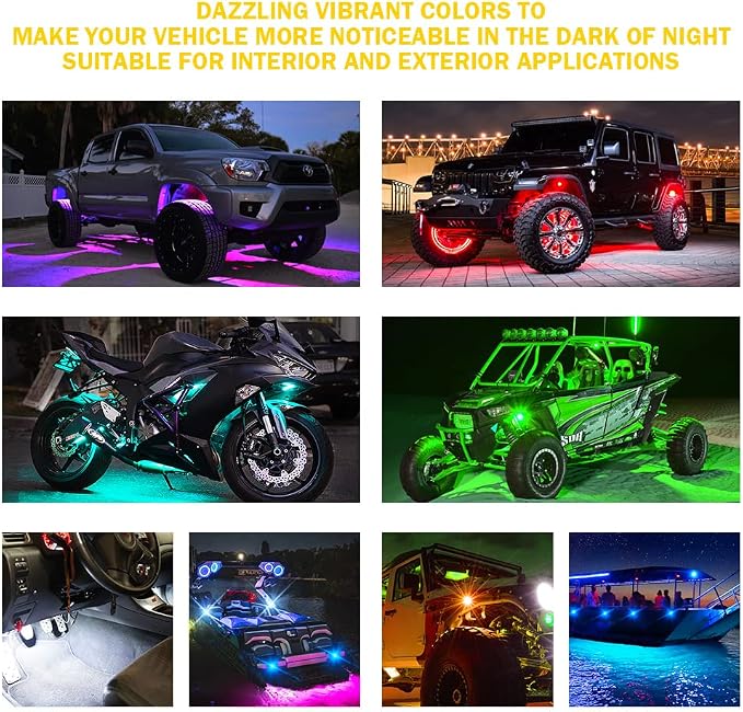 Xprite RGBW LED Rock Lights Kit with Bluetooth & Wireless Remote Controller, Multicolor Cars Underglow, Wheel, Footwell Neon Light Kits, for Off-Road UTV ATV Trucks SUV Motorcycle Boats - 8 Pods