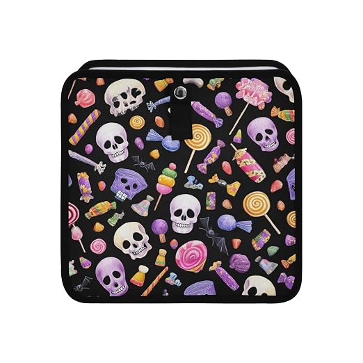 Car Trash Can Organizer Bin with Adjustable Strap for Back Front Seat Console Waterproof Leakproof Collapsible Portable 11 Inch Halloween Skulls Lollipops Candies