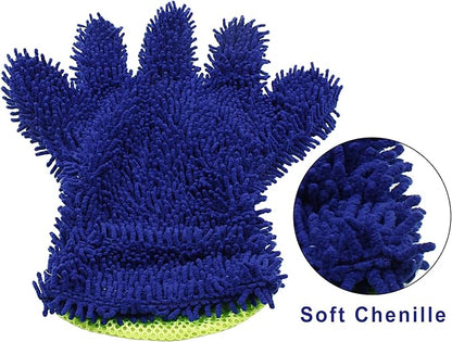 BokWin 2-Pack Car Wash Mitt Scratch Free, 5-Finger Microfiber Wash Mitts, Car Interior Exterior Cleaning Gloves, Auto Chenille Washing Sponge Kits for Cleaning Wheel Tight Spot(Blue)