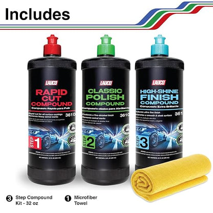 LAUCO 3-Step Kit – Steps 1 2 3 – 32oz, with a Towel, Professional Silicone-Free Cutting, Polishing & Finishing Compounds for Scratch Removal, Clear Coat Safe High-Gloss Finish