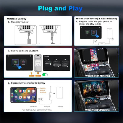 4-in-1 Wireless CarPlay Adapter for iPhone 15/16/17 & Newer, Wired Video Streaming, Screen Mirroring, Two-Way Control & Charging, Plug & Play for Factory Wired CarPlay (Black)