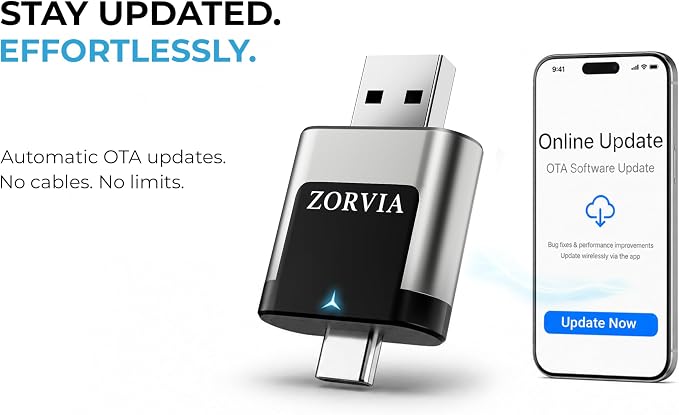 ZORVIA Wireless CarPlay Adapter for iPhone & Android Auto 2026 Upgraded - Convert Wired CarPlay to Wireless, Fast Auto Reconnect, Plug and Play, USB-C & USB-A (Silver)