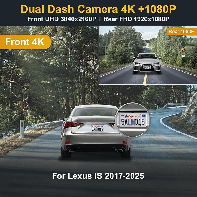 Fitcamx Front 4K+Rear 1080P Dash Cam Suitable for Lexus is 2017-2025 IS350 is 300 AWD F Sport IS200t, OEM Look, 2 Channel HD Video, Loop Recording, WiFi & APP, G-Sensor, Easy to Set, 128GB SD Card