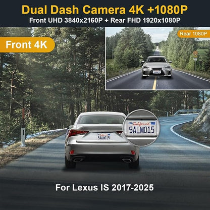 Fitcamx Front 4K+Rear 1080P Dash Cam Suitable for Lexus is 2017-2025 IS350 is 300 AWD F Sport IS200t, OEM Look, 2 Channel HD Video, Loop Recording, WiFi & APP, G-Sensor, Easy to Set, 128GB SD Card