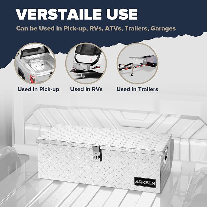 ARKSEN 30 x 13 x 10 Inch Diamond Plate Truck Bed Tool Box, Heavy Duty Waterproof Aluminum Toolboxes Storage Chest with Side Handle & Lock for Pickup Truck Bed, RV & Trailer – Silver