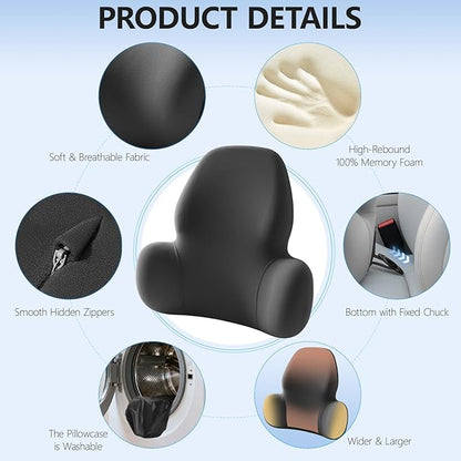 BABUR Wide Memory Foam Lumbar Support Pillow for Car Seat, Office Chair, Couch & Sofa - Ergonomic Back Cushion with Machine Washable Removable Cover, Lower Back Relief, Black
