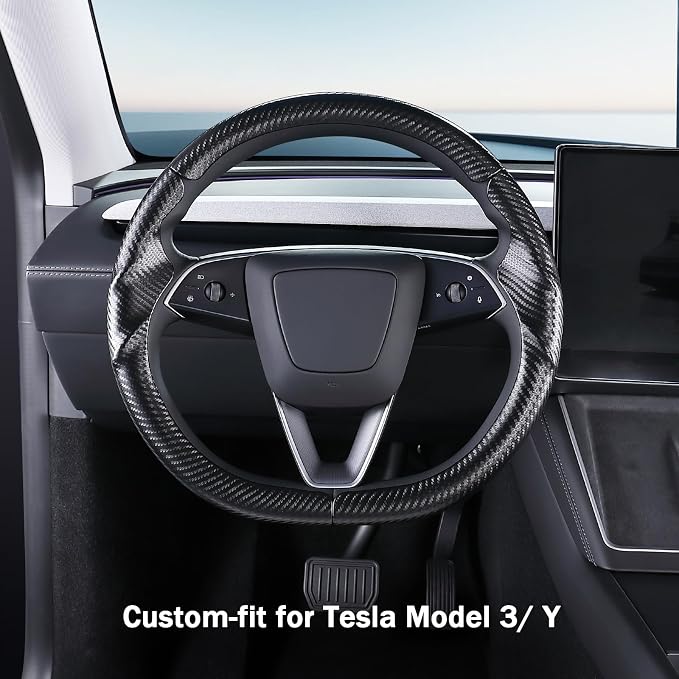 Steering Wheel Cover for Tesla Model 3 2024-Present Highland/Tesla Model Y Juniper 2025-Present, Carbon Fiber Steering Wheel Cover for Tesla Model 3 Highland/Y Juniper Accessories, Matte Black