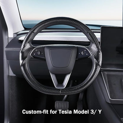 Steering Wheel Cover for Tesla Model 3 2024-Present Highland/Tesla Model Y Juniper 2025-Present, Carbon Fiber Steering Wheel Cover for Tesla Model 3 Highland/Y Juniper Accessories, Matte Black