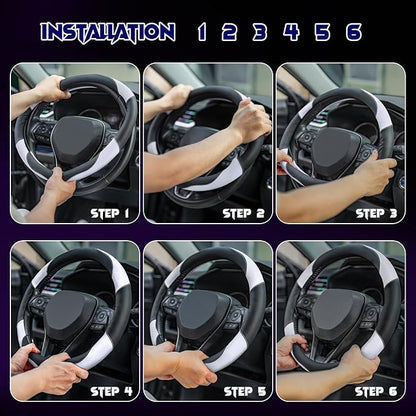 Soft Leather Steering Wheel Cover with Breathable Design and Anti-Slip Grip, Fully Compatible with Tesla, Toyota, Honda, Nissan 14.5-15.2 inch Round Steering Wheel（Sedans and SUVs）