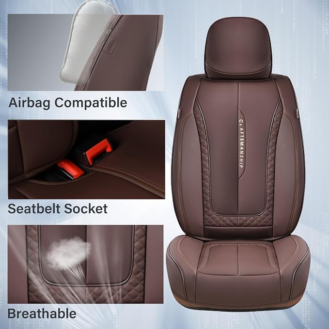 Coverado Car Seat Cover Front Seats, Brown Seat Covers Front Seats, Nappa Leather Waterproof, Car Seat Cushion, Car Seat Protector Universal Fit Most Cars