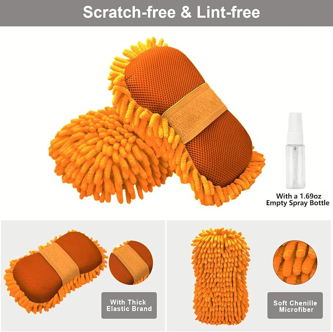 XINDELL Chenille Car Wash Mitt – Premium Microfiber Scratch-Free Sponge for Auto Exterior & Interior Cleaning, Lint-Free Car Care Accessory (Orange)