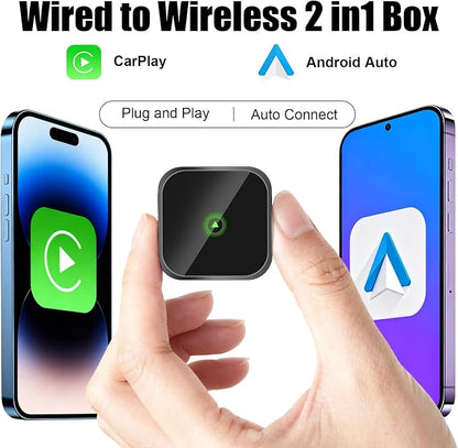 2-in-1 Mini Wireless CarPlay Adapter for Apple iPhone & Android Auto Adapter,2025 Upgrade Wired to Wireless,Plug & Play, Fast Stable Connection Car Play for iOS 10+/Android 11+,USB-A/Type-C Cable