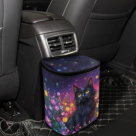Talayituse Cat Daisy Galaxy Print Car Trash Can with Lid, Leak Proof Auto Trash Bag Hanging Vehicle Garbage Can Multipurpose Storage Container for Back Seat Road Trip