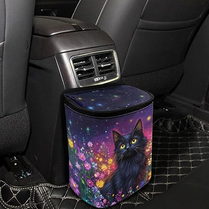 Talayituse Cat Daisy Galaxy Print Car Trash Can with Lid, Leak Proof Auto Trash Bag Hanging Vehicle Garbage Can Multipurpose Storage Container for Back Seat Road Trip