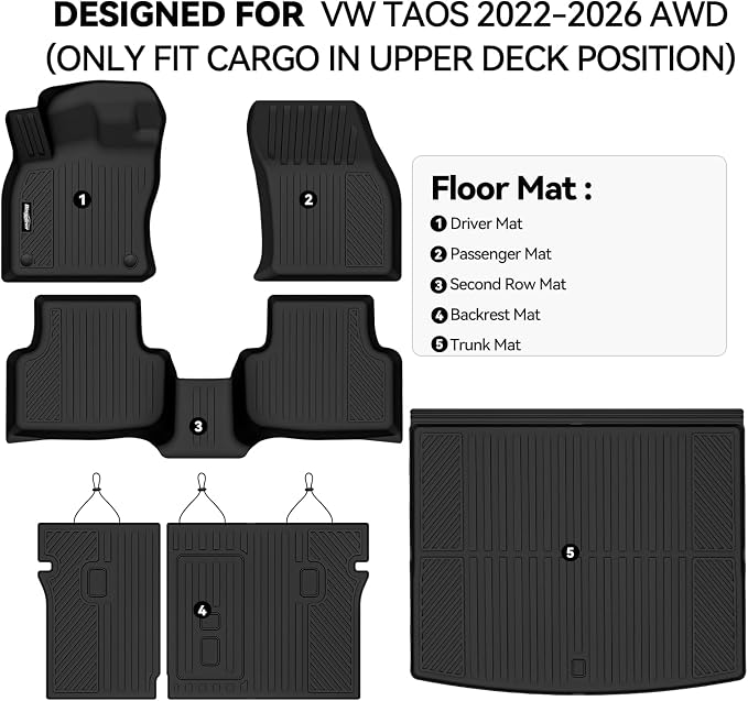 Floor Mats for VW Taos 2022-2026 AWD(Only Fit Cargo in Upper Deck Position), Trunk Mat and Backrest Mat All Weather TPE Protector for Volkswagen TAOS Accessories