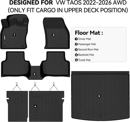 Floor Mats for VW Taos 2022-2026 AWD(Only Fit Cargo in Upper Deck Position), Trunk Mat and Backrest Mat All Weather TPE Protector for Volkswagen TAOS Accessories