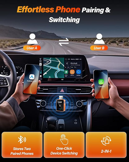 2 in 1 Wireless CarPlay and Android Auto Adapter, One-tap Switch for iPhone & Android, 3s Fast Auto-Connect, Converts Wired to Wireless, Plug & Play for iOS 12+, Cars 2016+