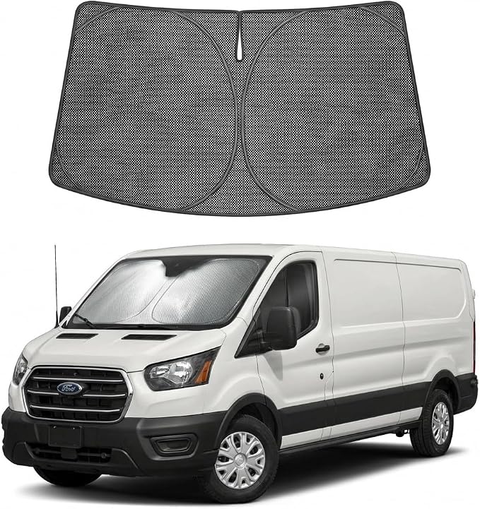 Proadsy Windshield Sun Shade Custom Fit Ford Transit 2015-2026 Ice Crystal Black Front Window Sunshade UV and Heat Blocker Foldable Visor Keeps Car Cooler for Summer Parking and Daily Use