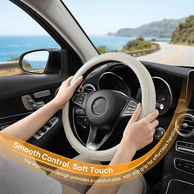 Zpana Car Steering Wheel Cover, 14.5-15" Breathable Soft Leather Vehicle Steering Wheel Protector with Anti-Slip Lining, Comfortable Auto Interior Decoration Accessories, Universal Fit (White)