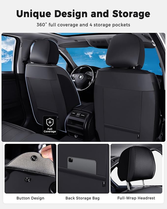 Huidasource Seat Covers, Luxury Faux Leather Car Seat Cover, Velcro Adjustable, with Airbags, Seat Belts, Thinning Design Perforation Cooling Heating Universal Fit for Most Cars Vans Trucks SUVs Black
