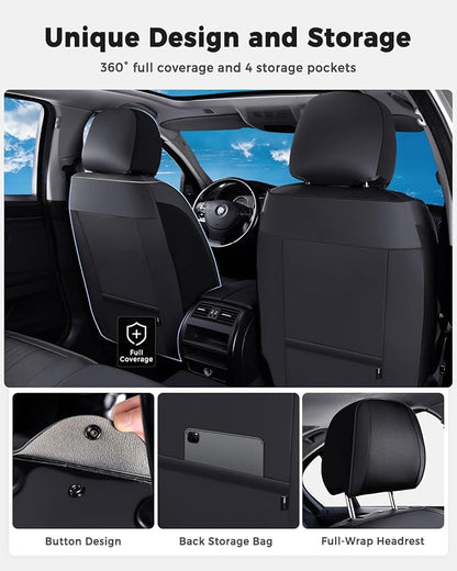 Huidasource Seat Covers, Luxury Faux Leather Car Seat Cover, Velcro Adjustable, with Airbags, Seat Belts, Thinning Design Perforation Cooling Heating Universal Fit for Most Cars Vans Trucks SUVs Black