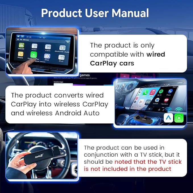 Carlinkit Wireless CarPlay Adapter 3-in-1︱Designed for TV Sticks︱for Wired CarPlay Cars︱Support converting Wired CarPlay to Wireless CarPlay & Android Auto︱Support HDMI Port Fir e TV Sticks inputting