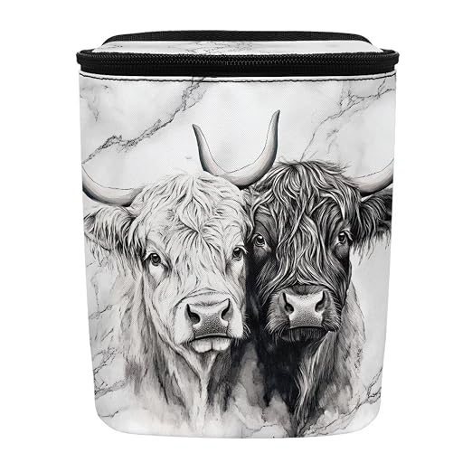 Talayituse Highland Cattle Marble Print Car Trash Bin, Large Size Auto Trash Can Adjustable Portable Garbage Can with Lid, Vehicle Hanging Bag for Headrest Front Back Seat
