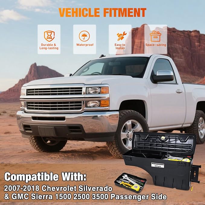 Nilight Truck Bed Tool Box Passenger Side Truck Tool Box Fit for Chevy Silverado GMC Sierra 1500 2500 3500 2007-2018 ABS Swing Case Truck Bed Storage Box w Lockable Lid Waterproof Wheel Well Toolbox