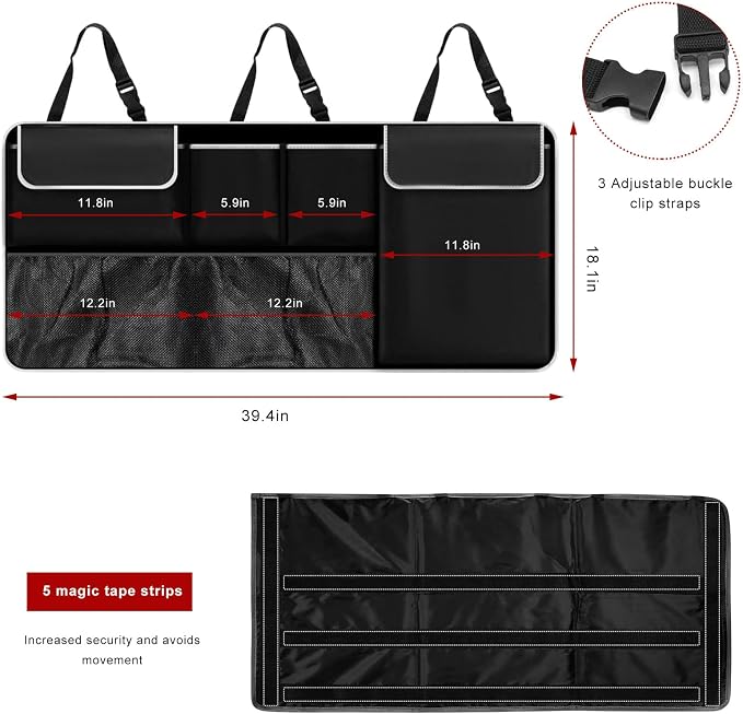 Car Trunk Hanging Organizer, Foldable Backseat Hanging Storage Bag with 6 Large Pockets 2 Hooks, Waterproof Collapsible Cargo Organizer Auto Interior Accessories for SUV Truck MPV