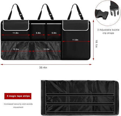 Car Trunk Hanging Organizer, Foldable Backseat Hanging Storage Bag with 6 Large Pockets 2 Hooks, Waterproof Collapsible Cargo Organizer Auto Interior Accessories for SUV Truck MPV